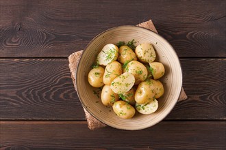 Fresh Cooked, new potatoes, with dill, on a wooden table, selective focus. close-up, toning, no