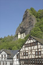 Rock church built in 1484, landmark and half-timbered houses, rock, cliff, mountain, stone wall,