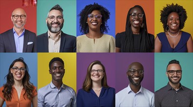 Diverse group of men posing for portraits. Multiple portraits with colored backgrounds, AI