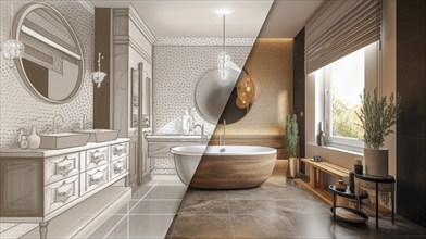 Custom bathroom upgrade interior concept drawing before and after completed construction,