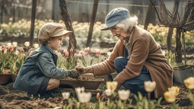 Elderly grandmother planting some spring plants with her granddaughter in the garden, generative