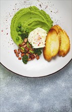 Mashed peas, with boiled egg, fried bacon, toast, baguette, breakfast, homemade, no people