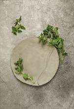 Grey clay plate, handmade, with basil branches, top view, food background, food wallpaper for menu