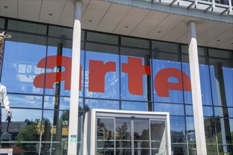 Close-up of the logo at the headquarters of the Franco-German public broadcaster ARTE in