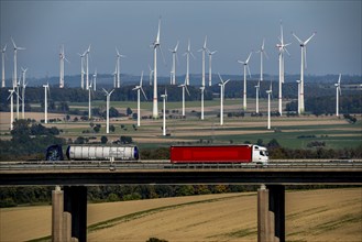 Wind farm near Lichtenau, bridge on the A44 motorway, Ostwestfalen Lippe, North Rhine-Westphalia,