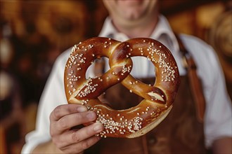 Close up of large German pretzel held by hands of man in traditional Bavarian attire. Generative