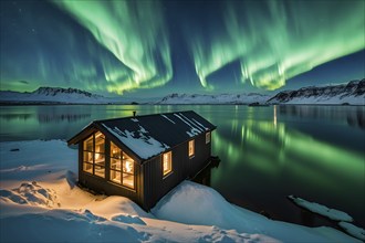 Aurora borealis illuminating snow covered fjord landscape with a wooden cabin in vibrant hues, AI