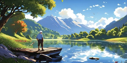 Cartoon vector illustration of an elderly man at a tranquil mountain lake, AI generated