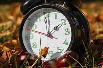 Symbolic image time change, autumn: An alarm clock among autumn leaves