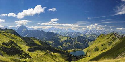 Mountain panorama from Zeigersattel to Seealpsee, in the background left the Höfats 2259m, Allgäu