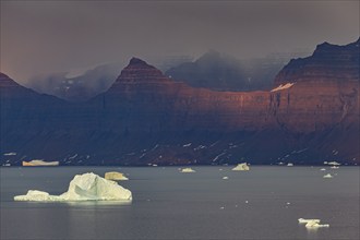 Evening light and atmosphere in fjord with icebergs in front of steep mountains, cloudy, autumn,