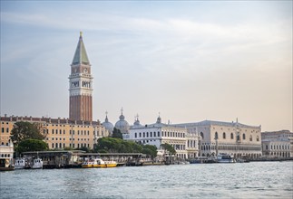 View over the lagoon to the Campanile and Doge's Palace, Venice, Veneto, Italy, Europe