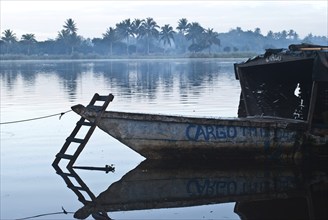 Bow of a passenger boat connecting villages in the Pangalanes canal, Mananjary, Madagascar, Africa