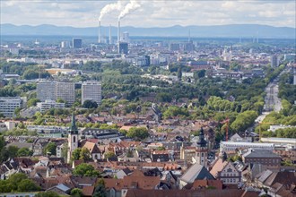 View of Karlsruhe from the Turmberg, Durlach district in front, industry at the Rhine harbour