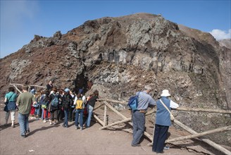 Tourists on a path along the crater edge, Vesuvius, near Naples, Parco Nazionale del Vesuvio,