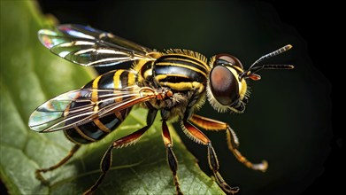 Macro of a hoverfly (Syrphidae), with its striped abdomen and metallic-like wings shimmering in the