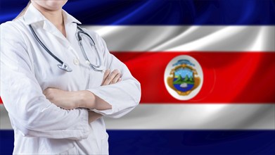 Female doctor with crossed arms with Costa Rican flag in the background. Health care concept with