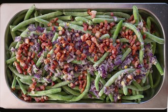 Frozen beans with diced ham and onions, in a bowl, Bavaria, Germany, Europe