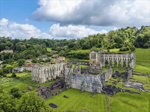 Rievaulx Abbey from a drone, North York Moors National Park, North Yorkshire, England, United