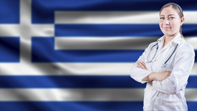 Female doctor with arms crossed with Greek flag background. Healthcare concept with Greece flag in