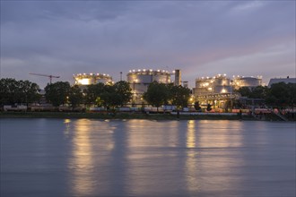 BASF, Lugwigshafen on the Rhine, industrial area, dusk, Mannheim, Baden-Württemberg, Germany,