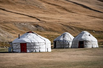 Yurts with yellow hills, Atbashy district in the Naryn region, Kyrgyzstan, Asia