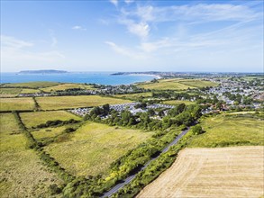 Drone view Preston and Weymouth from Osmington Hill, Dorset, England, United Kingdom, Europe