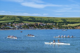 People in kayaks on Swanage Bay, Swanage, Dorset, England, United Kingdom, Europe