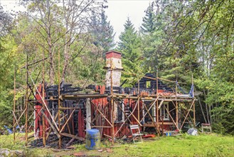 Wooden cottage that has burned down in the woodland, Sweden, Europe