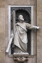 Sculpture of St Ambrose on the exterior façade of the Chiesa del Gesu, Via di Porta Soprana, 2,