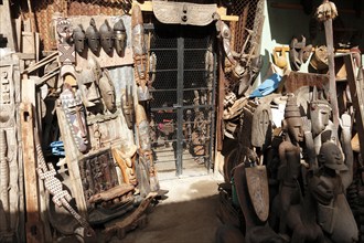 African wood carvings in the souk of Marrakech, Morocco, Africa