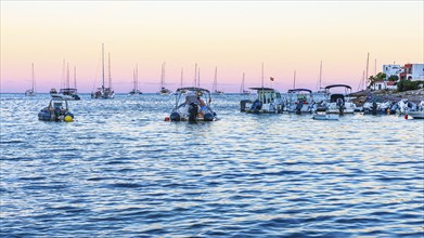 Sailing yachts at the blue hour in the bay of Talamanca, Eivissa, Ibiza Town, Ibiza, Balearic