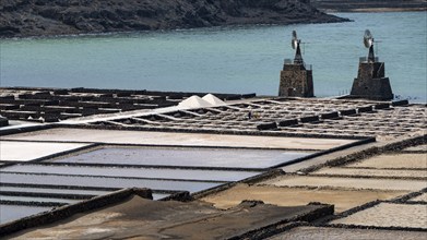 Sea salt extraction, Janubio salt works, Salinas de Janubio, Lanzarote, Canary Islands, Spain,