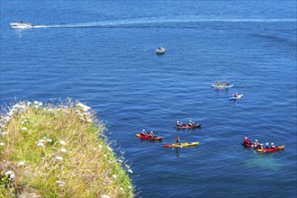 People on kayaks, White Cliffs. Old Harry Rocks Jurassic Coast, Dorset Coast, Poole, England,