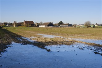 Large frozen area of water in the field, flooding, Lanstrop, Dortmund, Ruhr area, North