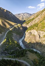 Mountain landscape with river in a narrow mountain valley in autumn, Little Naryn or Kichi-Naryn,