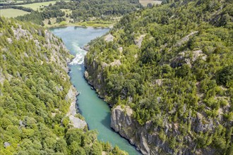 Futaleufu river flowing in a deep gorge, near viewpoint mirador pozon de los reyes, aerial view,