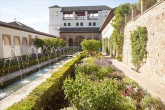 Patio de la Acequia, Court of the water Channel, Generalife palace gardens, Alhambra, Granada,