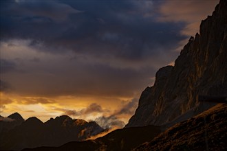 Montafon mountains with dramatic cloudy sky at sunset, Tschagguns, Rätikon, Montafon, Vorarlberg,