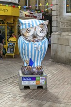 Big Hoot 2022, art trail event large painted owl sculpture in town centre, Ipswich, Suffolk,