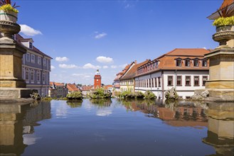 Water art and town hall tower, Gotha, Thuringia, Germany, Europe