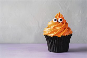 Halloween cupcake with orange colored frosting and funny monster eyes. Generative Ai, AI generated