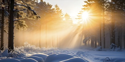 Fog covered forest in winter with snow covered trees and a mystic golden sunlight, AI generated