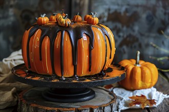 Seasonal pumpkin shaped cake with glazing. Generative AI, AI generated