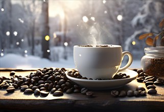 Coffee cup on a plate by a snow covered window creating a cozy winter feeling, AI generated