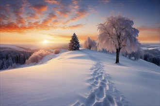 Footprints in fresh snow on a hill with a row of trees in winter in golden sunrise light, AI