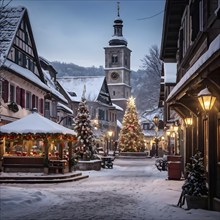 Charming village square decorated for the holidays, with snow-covered rooftops and strings of