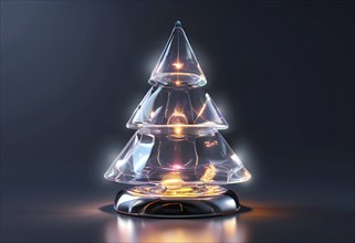 A three dimensional rendering of a futuristic Christmas tree made of glowing, semi-transparent