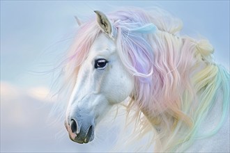 Portrait of white horse with rainbow colored mane. KI generiert, generiert KI generiert, generiert