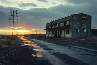 Abandoned military base at the end of an empty road enveloped in the silence of the area, AI